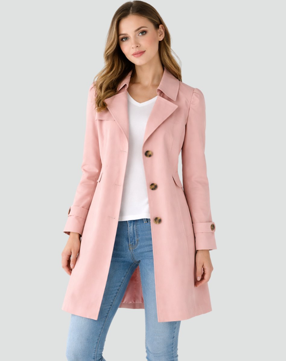 Damen Taillierter Midi Trench Coat Klassischer Revers - Rosa