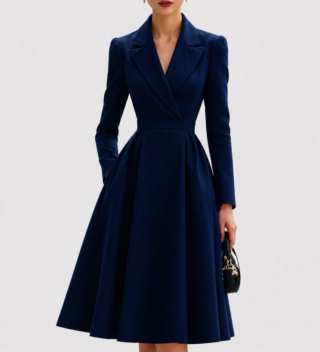 Damen Tailliertes Mantelkleid Elegante Formelle Kleider Midi A-Linie - Marineblau
