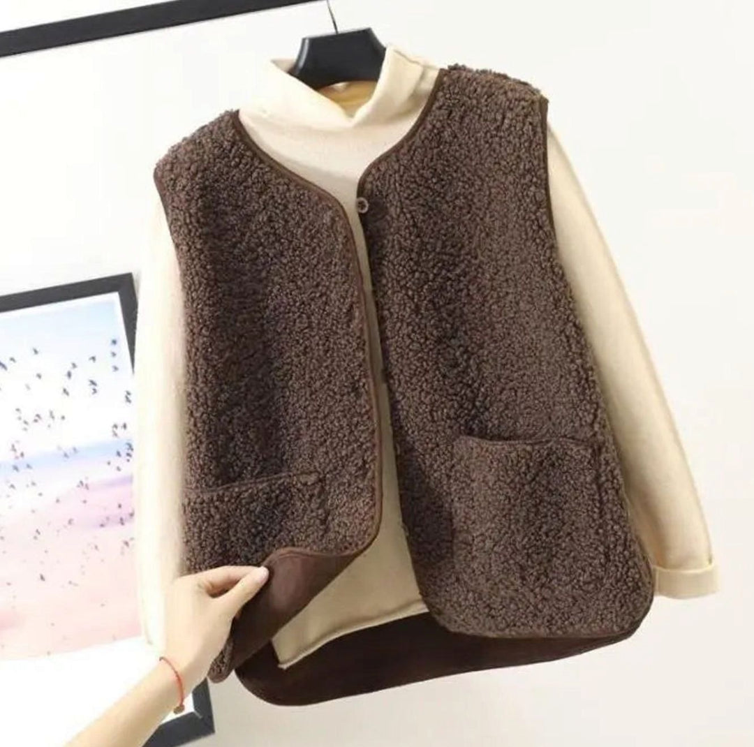 Damen Teddyfell Ärmellose Weste Warm Gefüttert mit Taschen - Dunkelkhaki