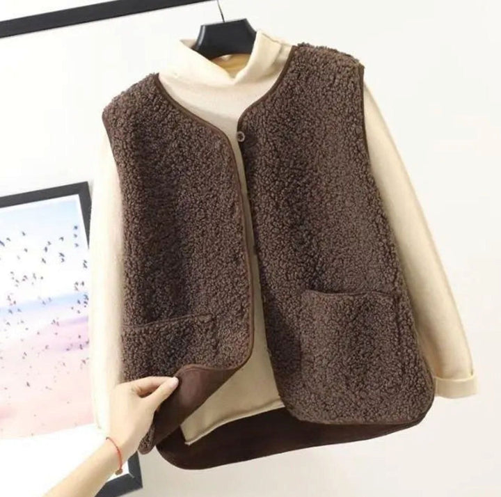 Damen Teddyfell Ärmellose Weste Warm Gefüttert mit Taschen - Dunkelkhaki
