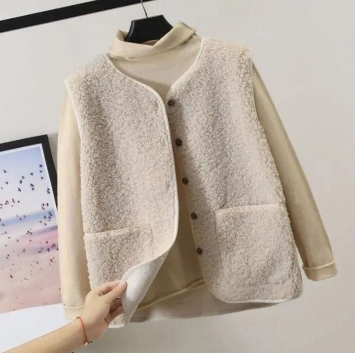 Damen Teddyfell Ärmellose Weste Warm Gefüttert mit Taschen - Beige