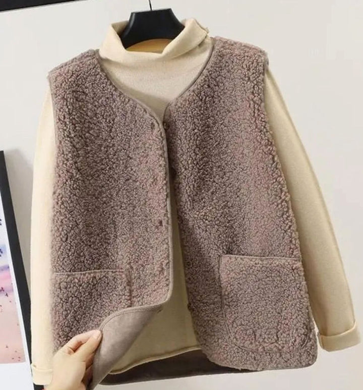 Damen Teddyfell Ärmellose Weste Warm Gefüttert mit Taschen - Hellkhaki