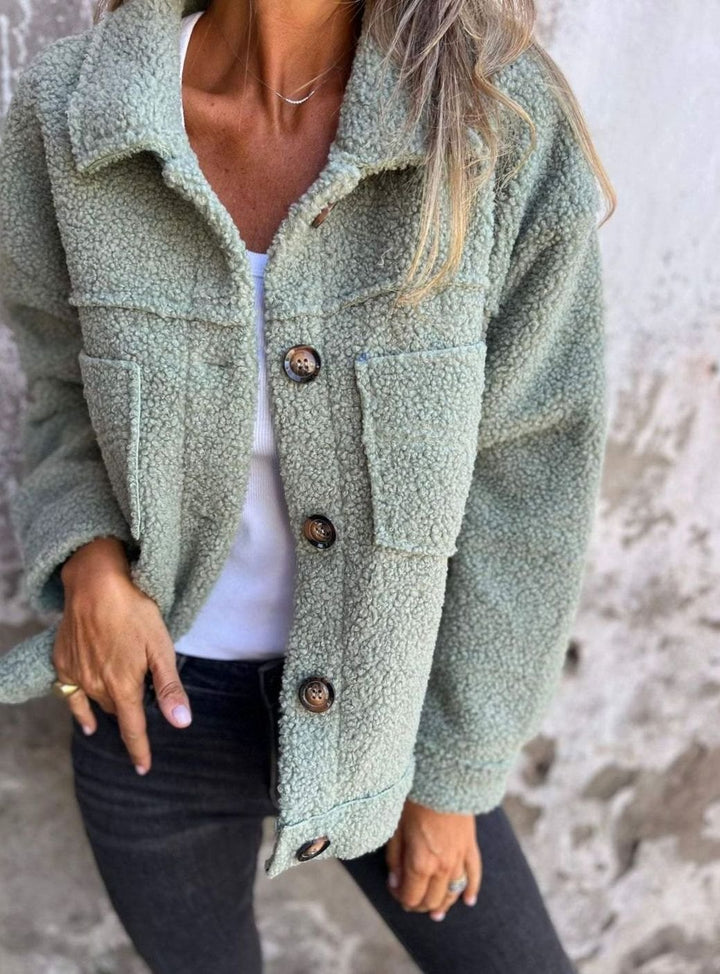 Damen Teddyfleece Innenfutter Jacke mit Knopfleiste lockerer Passform - Grün