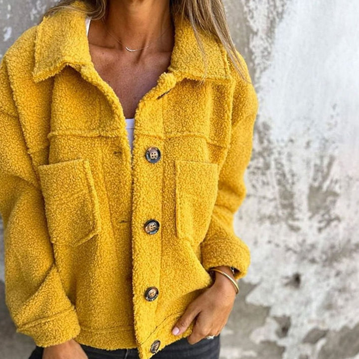 Damen Teddyfleece Innenfutter Jacke mit Knopfleiste lockerer Passform - Gelb