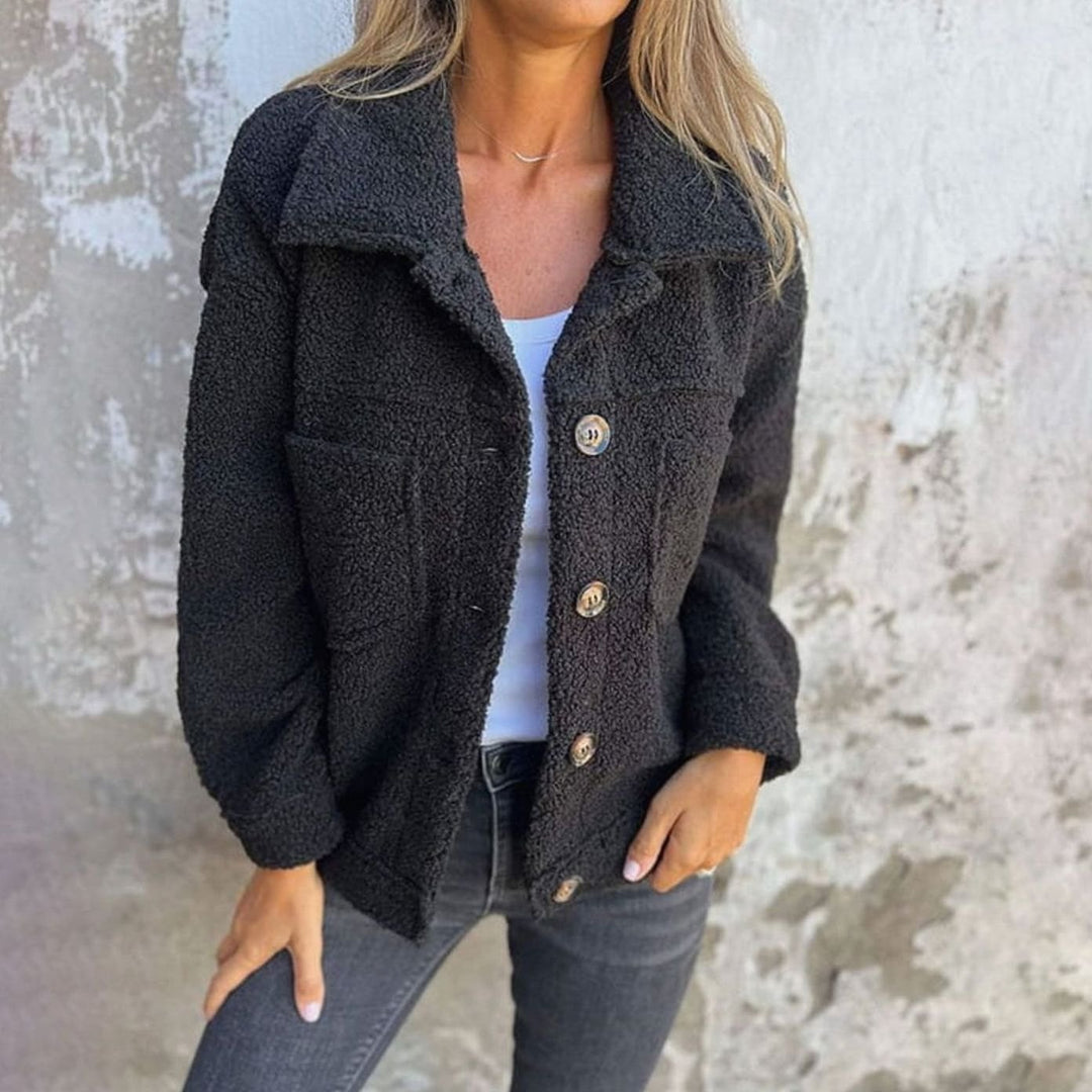 Damen Teddyfleece Innenfutter Jacke mit Knopfleiste lockerer Passform - Schwarz
