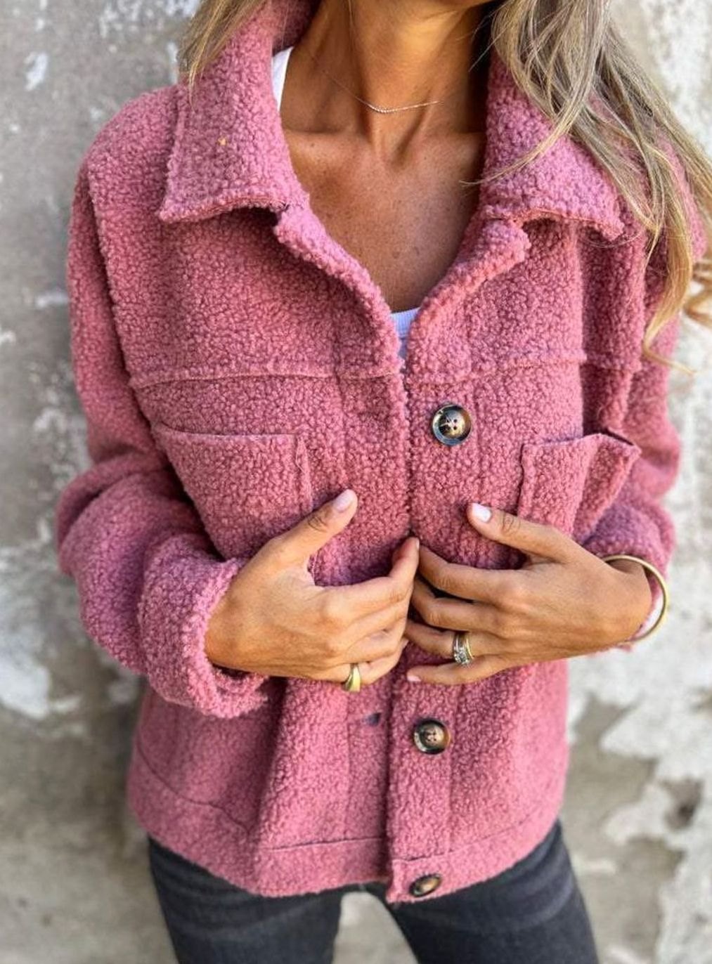 Damen Teddyfleece Innenfutter Jacke mit Knopfleiste lockerer Passform - Rosa