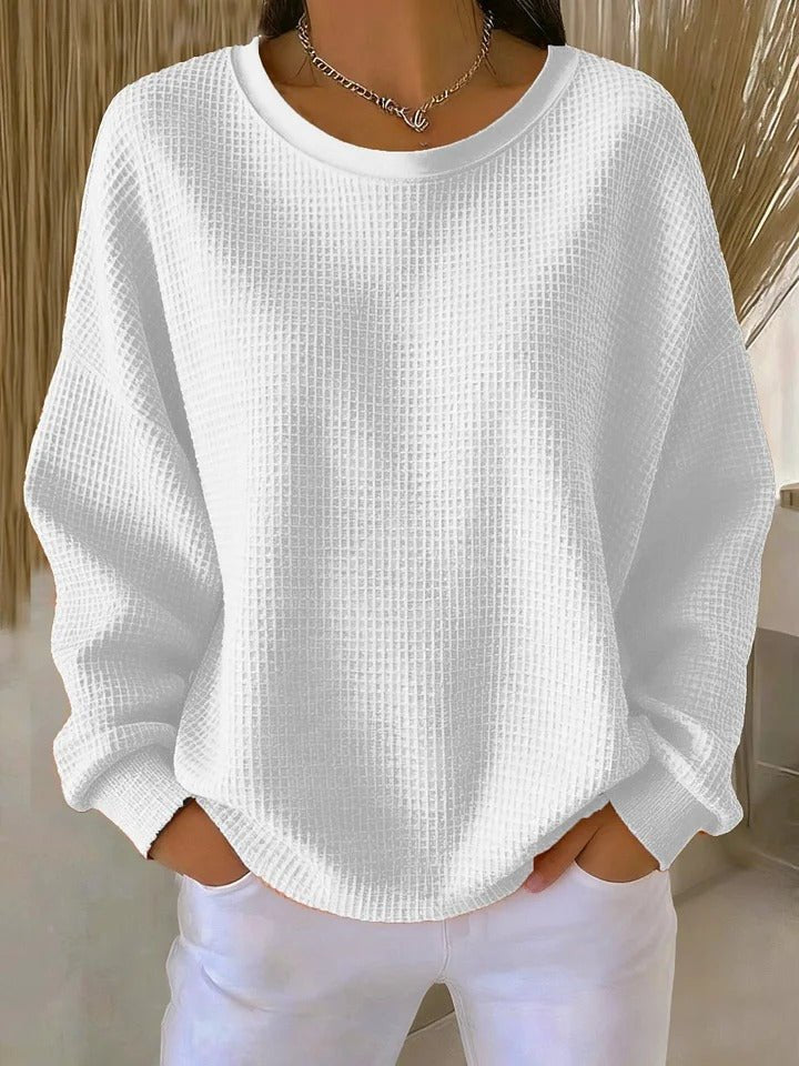 Damen Texturierter Oversized Strickpullover mit Rundhalsausschnitt - White