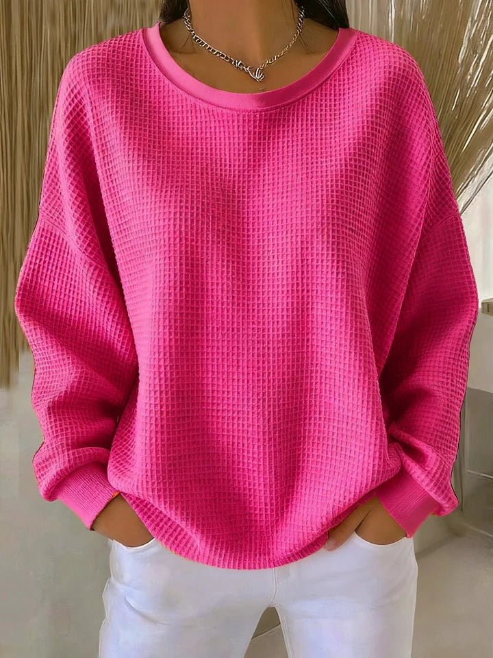 Damen Texturierter Oversized Strickpullover mit Rundhalsausschnitt - Fuchsia