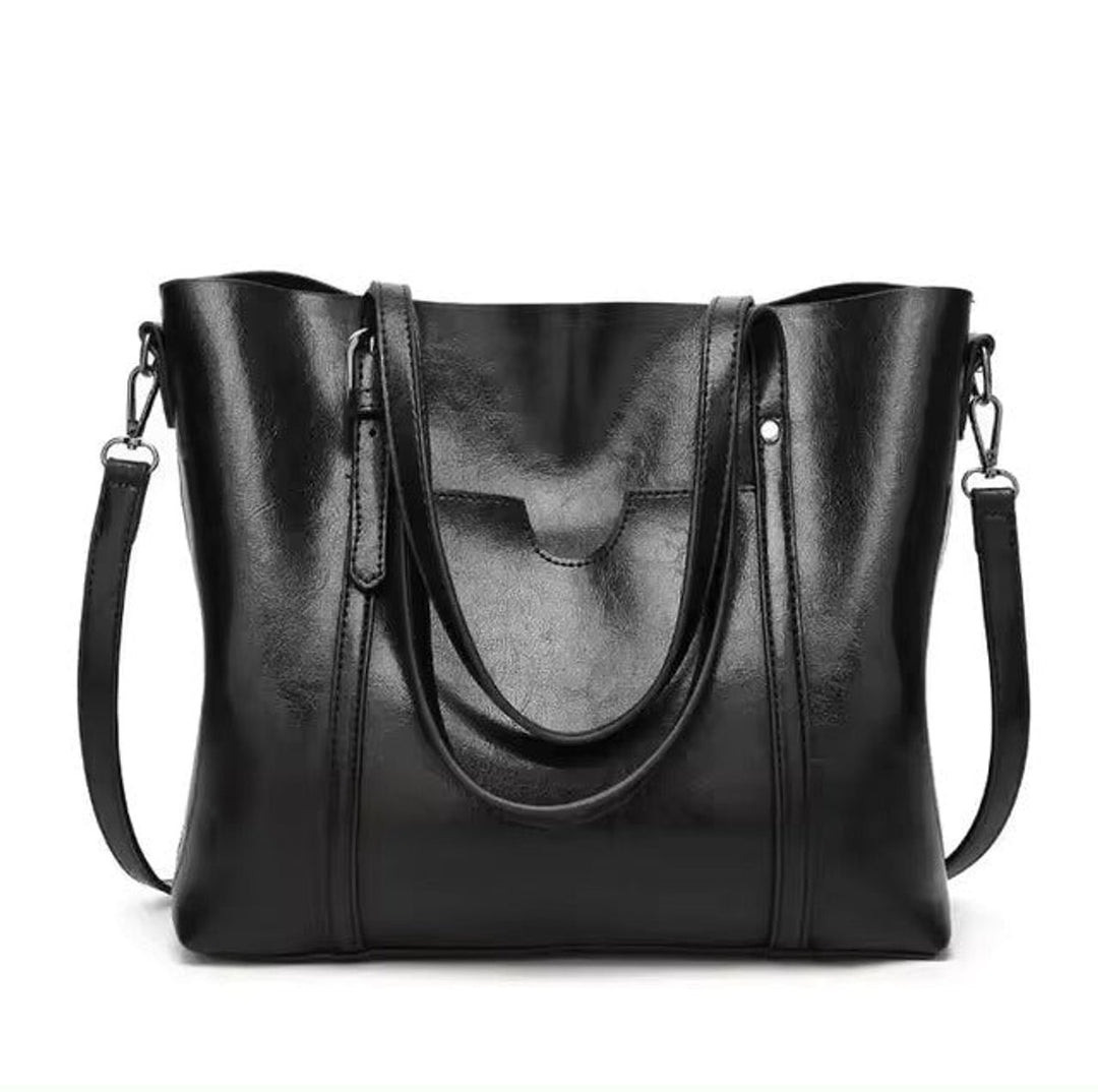 Damen Tote Bag geräumige Kunstleder Schultertasche mit Umhängeriemen - Schwarz