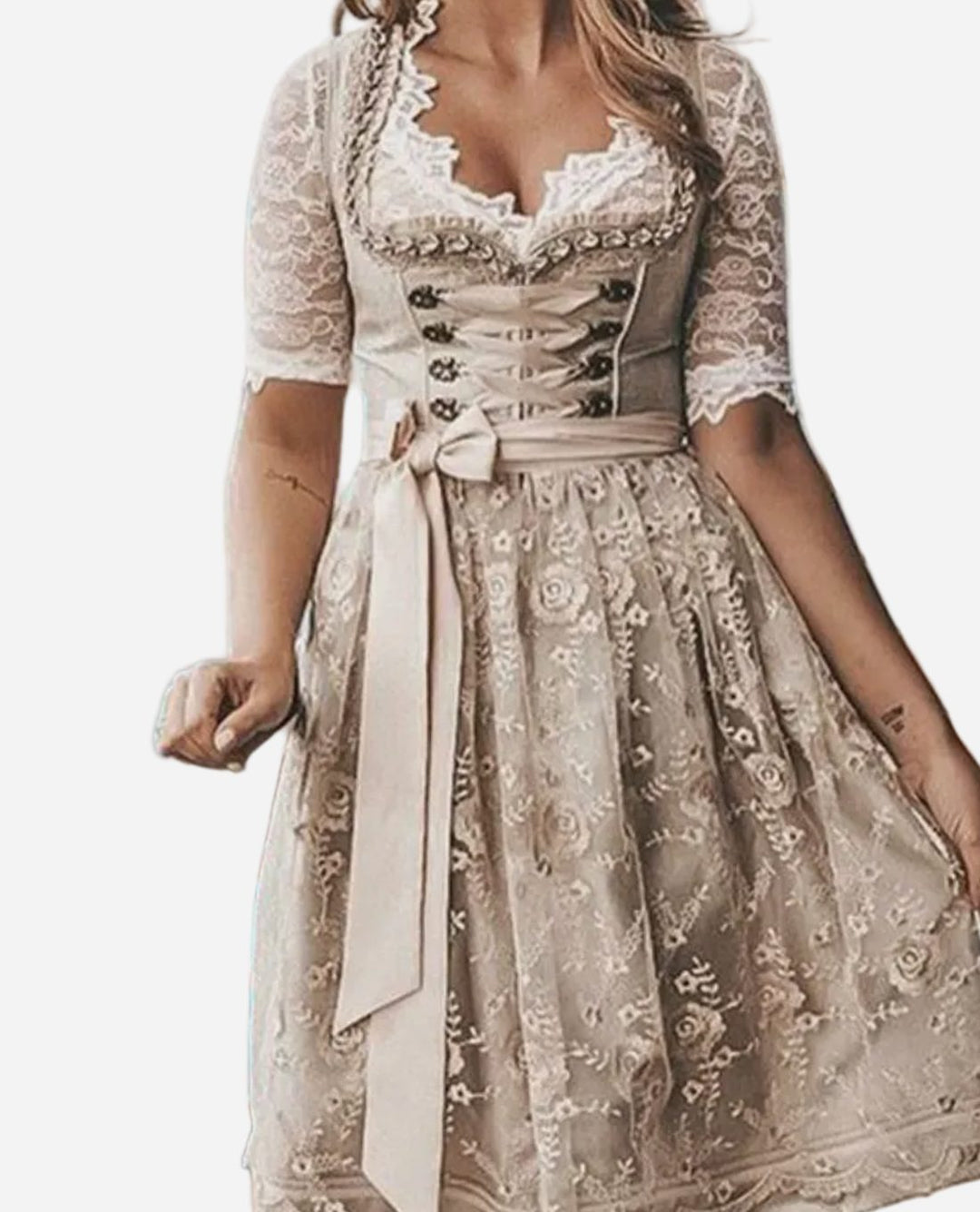 Damen Trachten-Dirndlkleid Spitzenbluse Schnürmieder Oktoberfest - Champagner-Beige