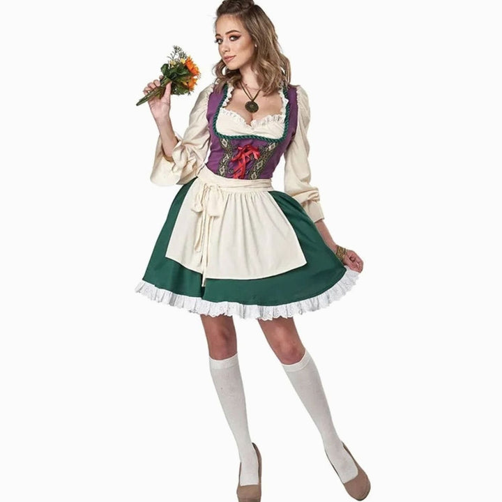 Damen Trachtenkleid Dirndl-Stil Kurzkleid mit Schürze Rüschenbluse - Grün-Violett