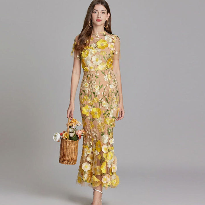 Damen Transparentes Maxikleid mit Blumenstickerei Figurbetonter Schnitt - Gelb