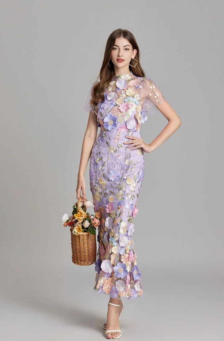 Damen Transparentes Maxikleid mit Blumenstickerei Figurbetonter Schnitt