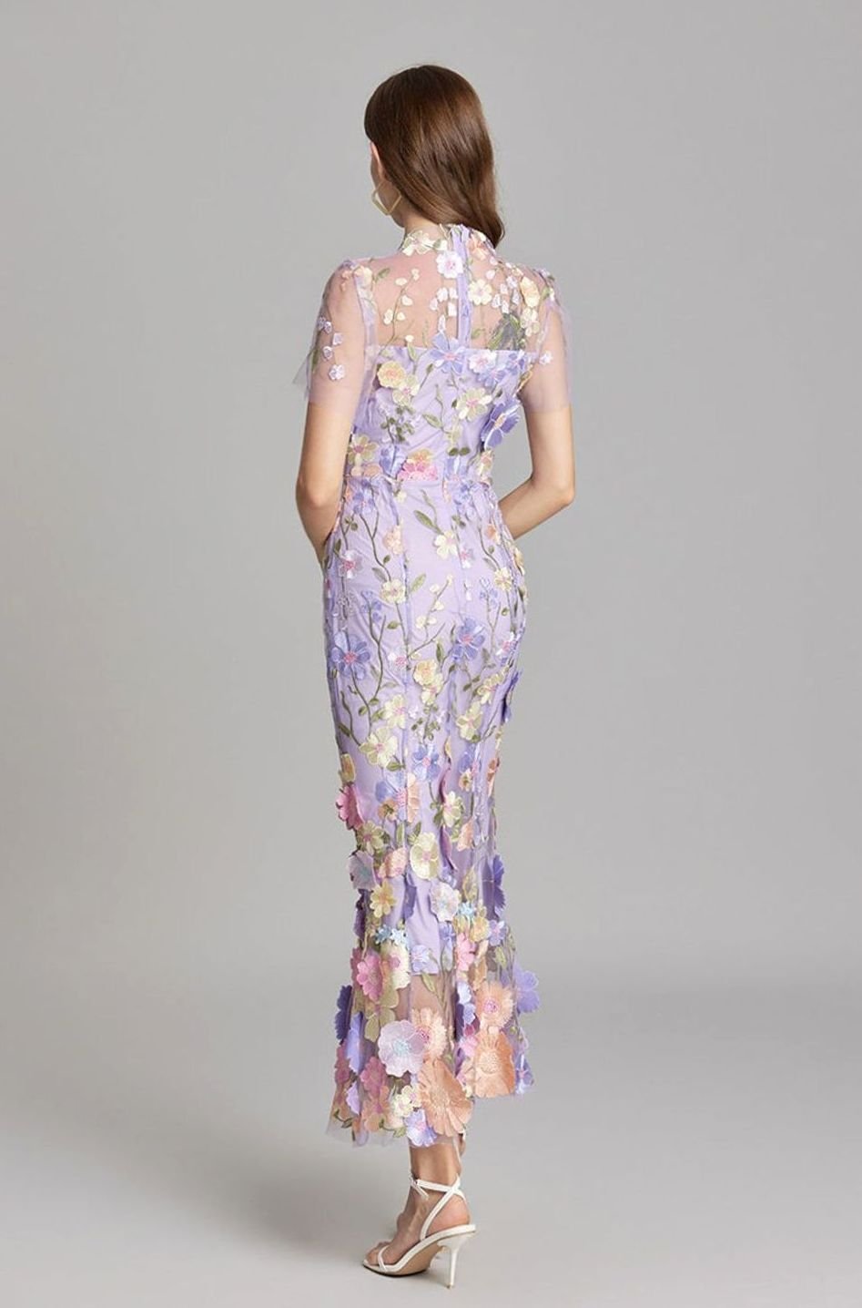 Damen Transparentes Maxikleid mit Blumenstickerei Figurbetonter Schnitt