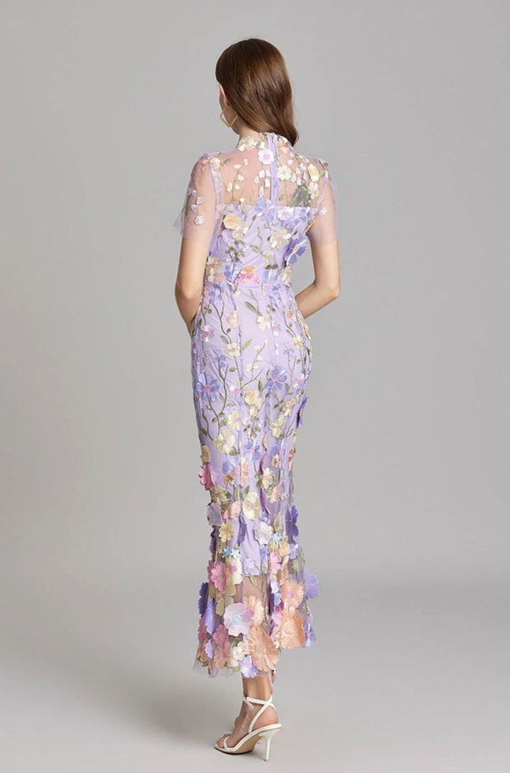 Damen Transparentes Maxikleid mit Blumenstickerei Figurbetonter Schnitt
