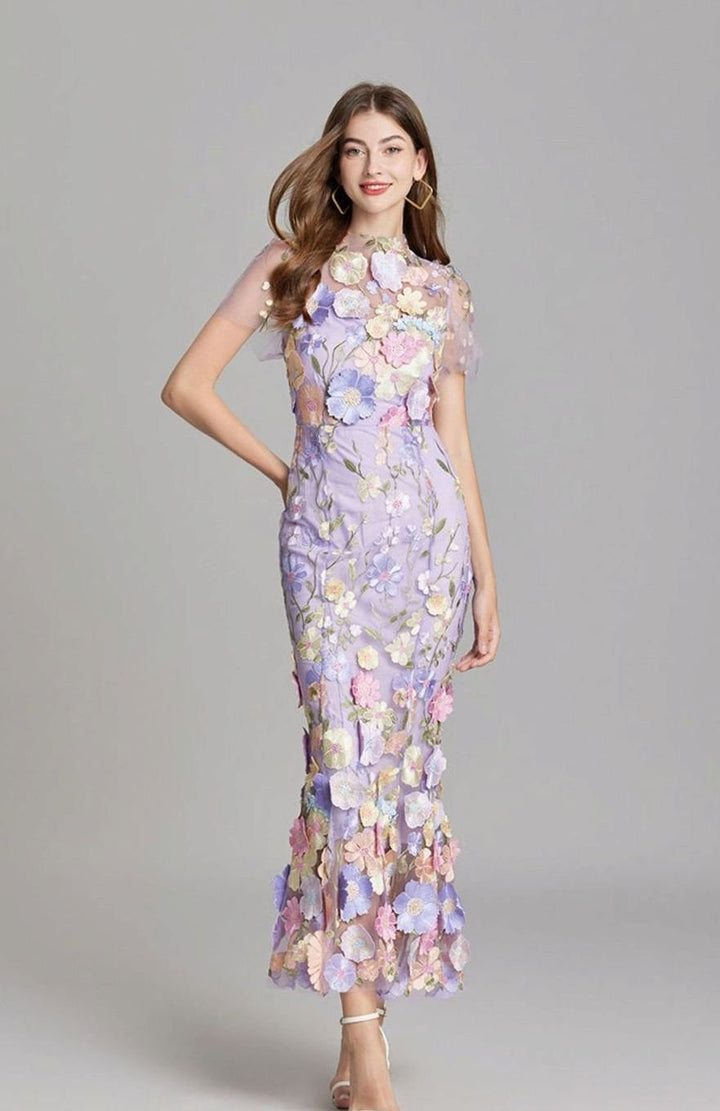 Damen Transparentes Maxikleid mit Blumenstickerei Figurbetonter Schnitt