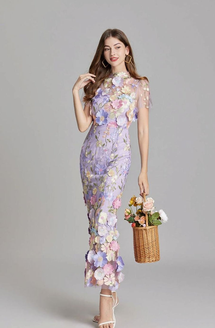 Damen Transparentes Maxikleid mit Blumenstickerei Figurbetonter Schnitt
