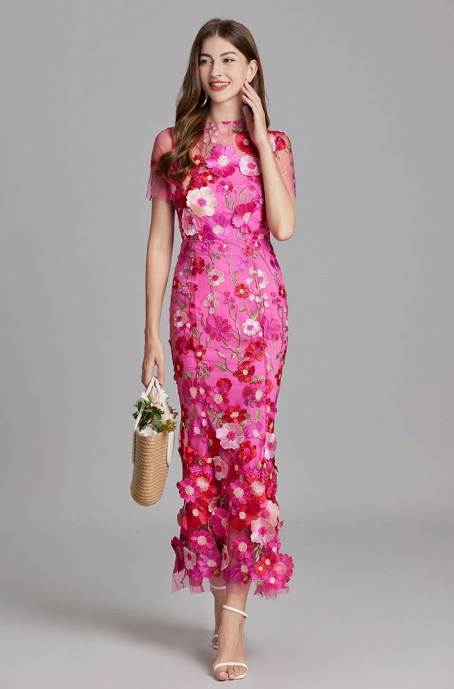 Damen Transparentes Maxikleid mit Blumenstickerei Figurbetonter Schnitt