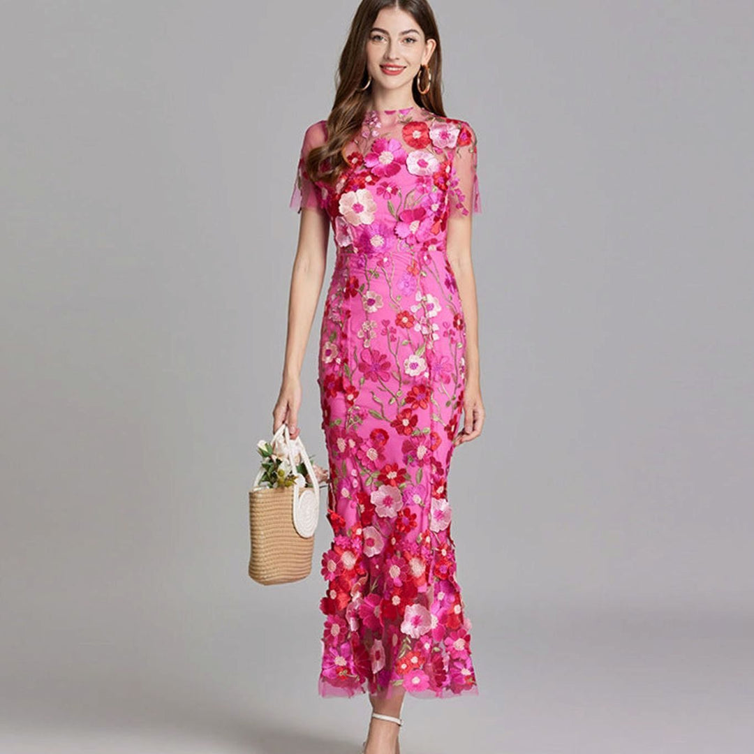 Damen Transparentes Maxikleid mit Blumenstickerei Figurbetonter Schnitt - Dunkelrosa
