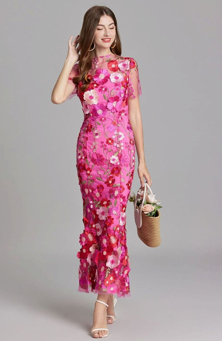 Damen Transparentes Maxikleid mit Blumenstickerei Figurbetonter Schnitt