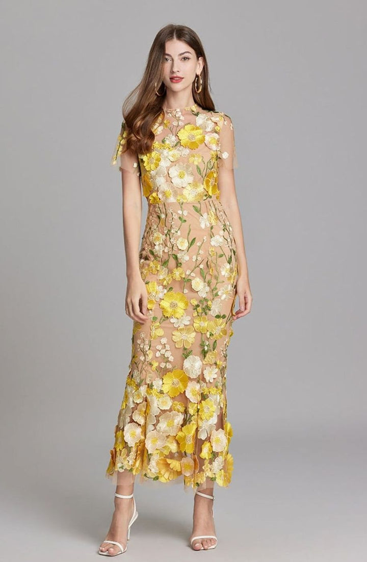Damen Transparentes Maxikleid mit Blumenstickerei Figurbetonter Schnitt