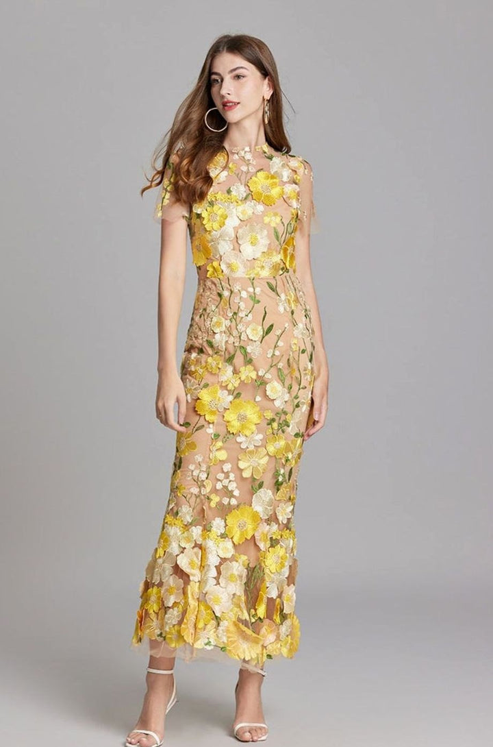 Damen Transparentes Maxikleid mit Blumenstickerei Figurbetonter Schnitt