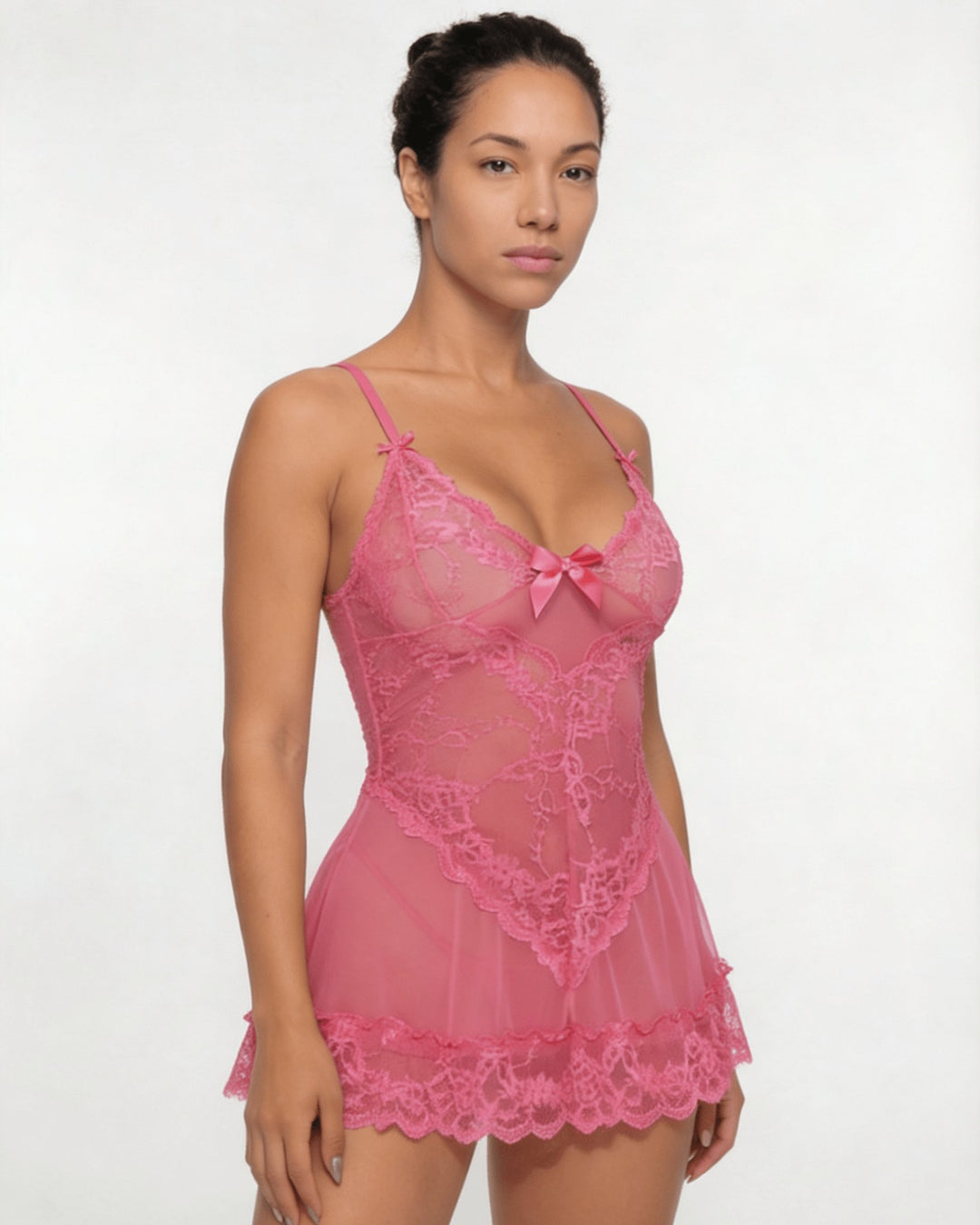 Damen transparentes Spitzen-Negligé mit Mesh-Einsätzen und G-String