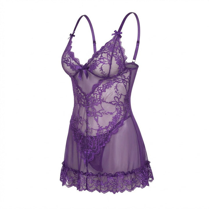 Damen transparentes Spitzen-Negligé mit Mesh-Einsätzen und G-String - Purple