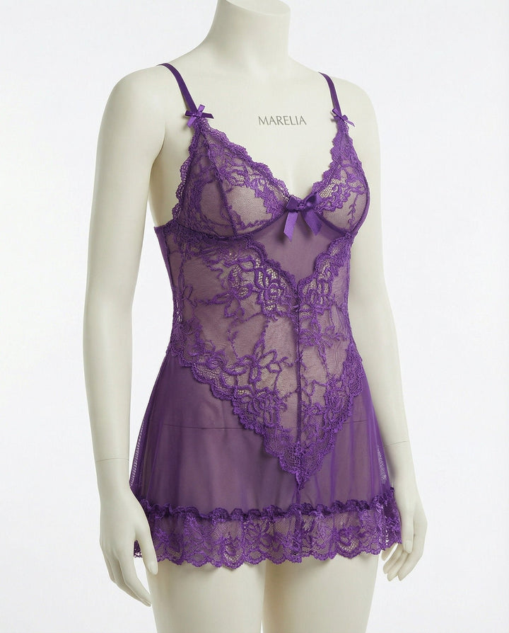 Damen transparentes Spitzen-Negligé mit Mesh-Einsätzen und G-String