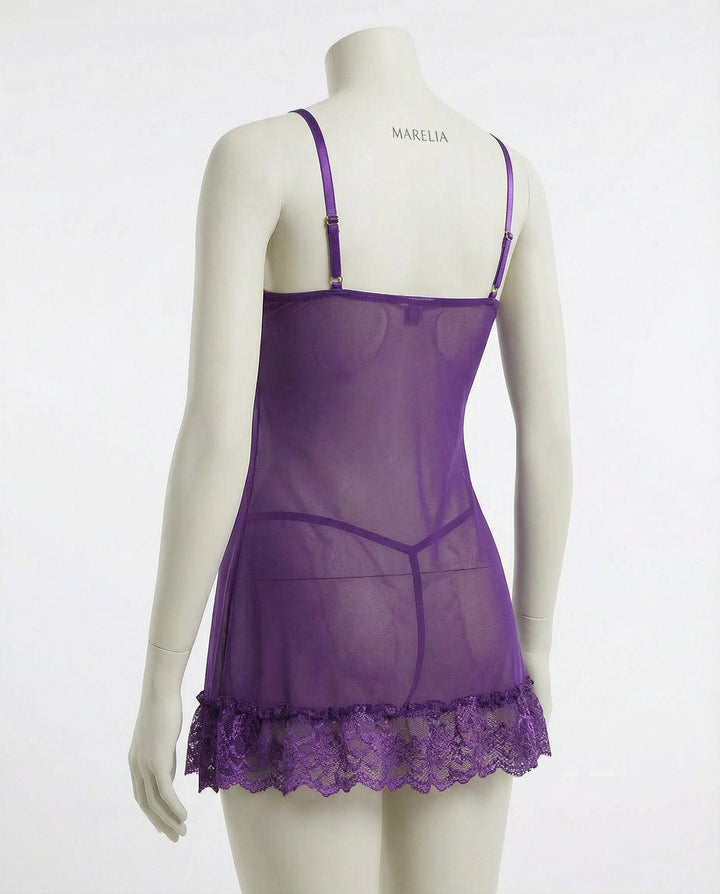 Damen transparentes Spitzen-Negligé mit Mesh-Einsätzen und G-String