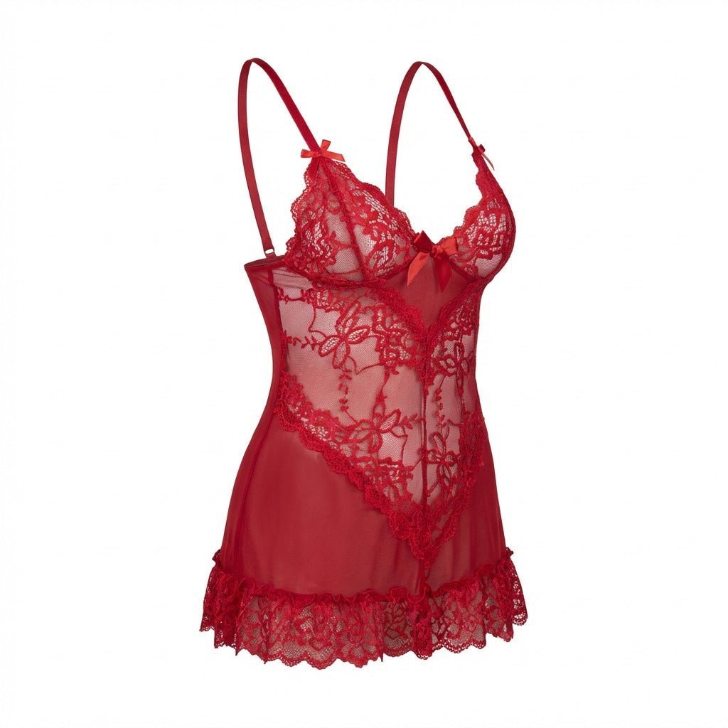 Damen transparentes Spitzen-Negligé mit Mesh-Einsätzen und G-String - Red