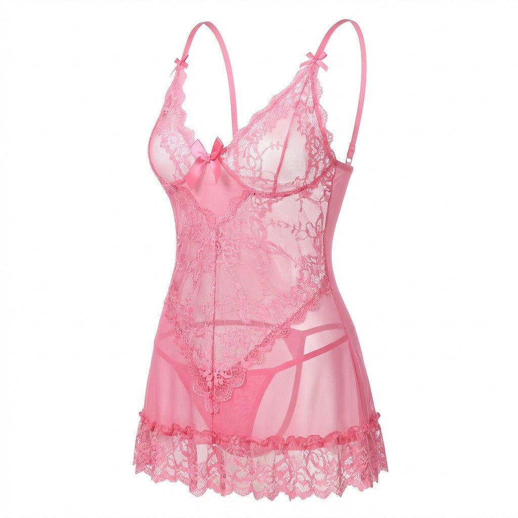 Damen transparentes Spitzen-Negligé mit Mesh-Einsätzen und G-String - Pink