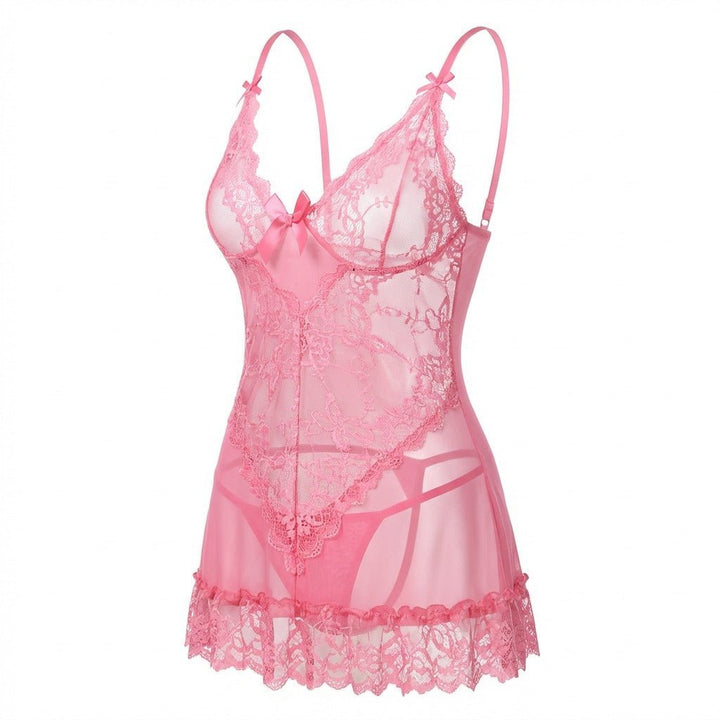 Damen transparentes Spitzen-Negligé mit Mesh-Einsätzen und G-String - Pink