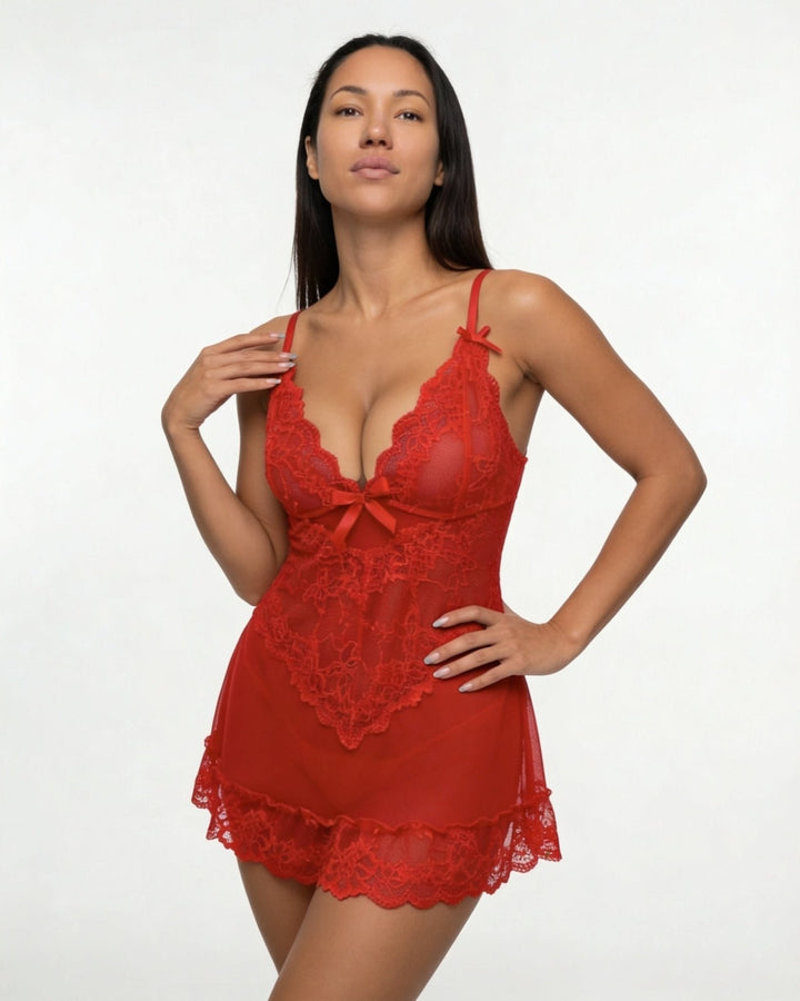 Damen transparentes Spitzen-Negligé mit Mesh-Einsätzen und G-String