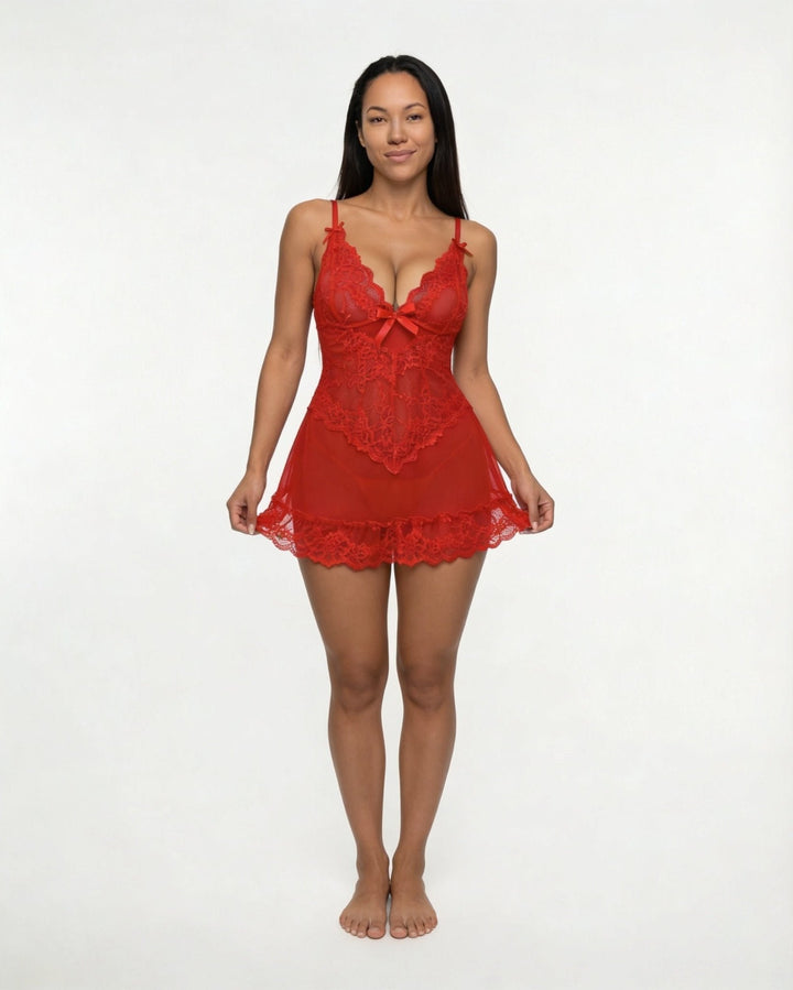 Damen transparentes Spitzen-Negligé mit Mesh-Einsätzen und G-String