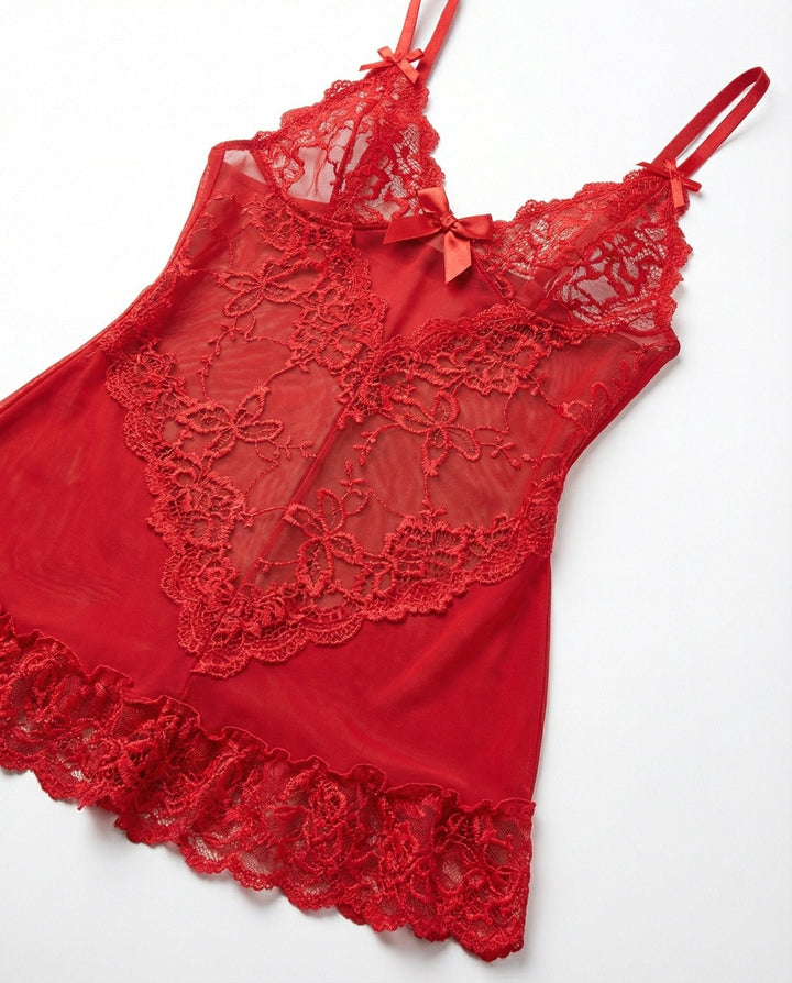 Damen transparentes Spitzen-Negligé mit Mesh-Einsätzen und G-String