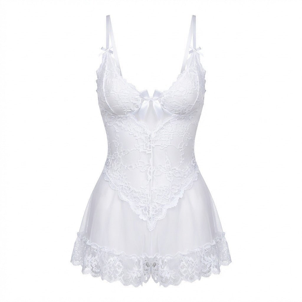 Damen transparentes Spitzen-Negligé mit Mesh-Einsätzen und G-String - White