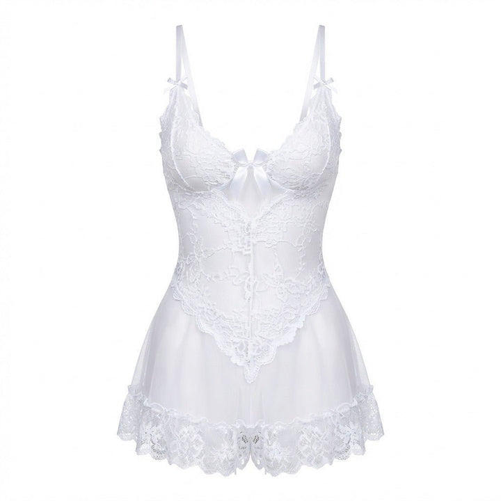 Damen transparentes Spitzen-Negligé mit Mesh-Einsätzen und G-String - White