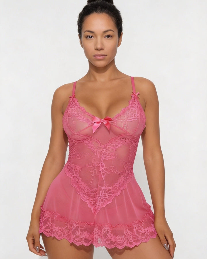 Damen transparentes Spitzen-Negligé mit Mesh-Einsätzen und G-String