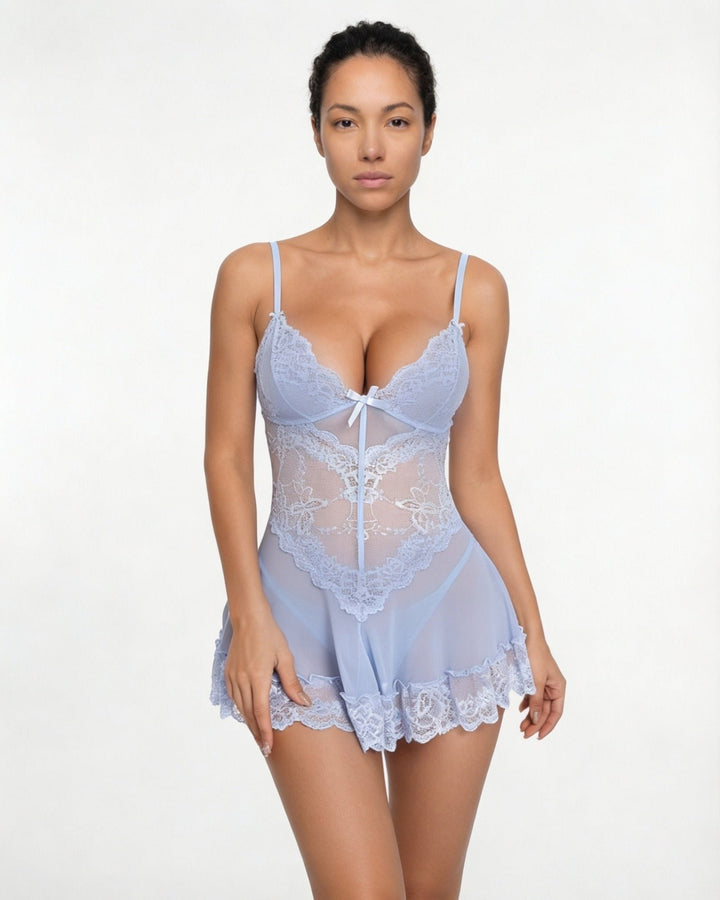 Damen transparentes Spitzen-Negligé mit Mesh-Einsätzen und G-String