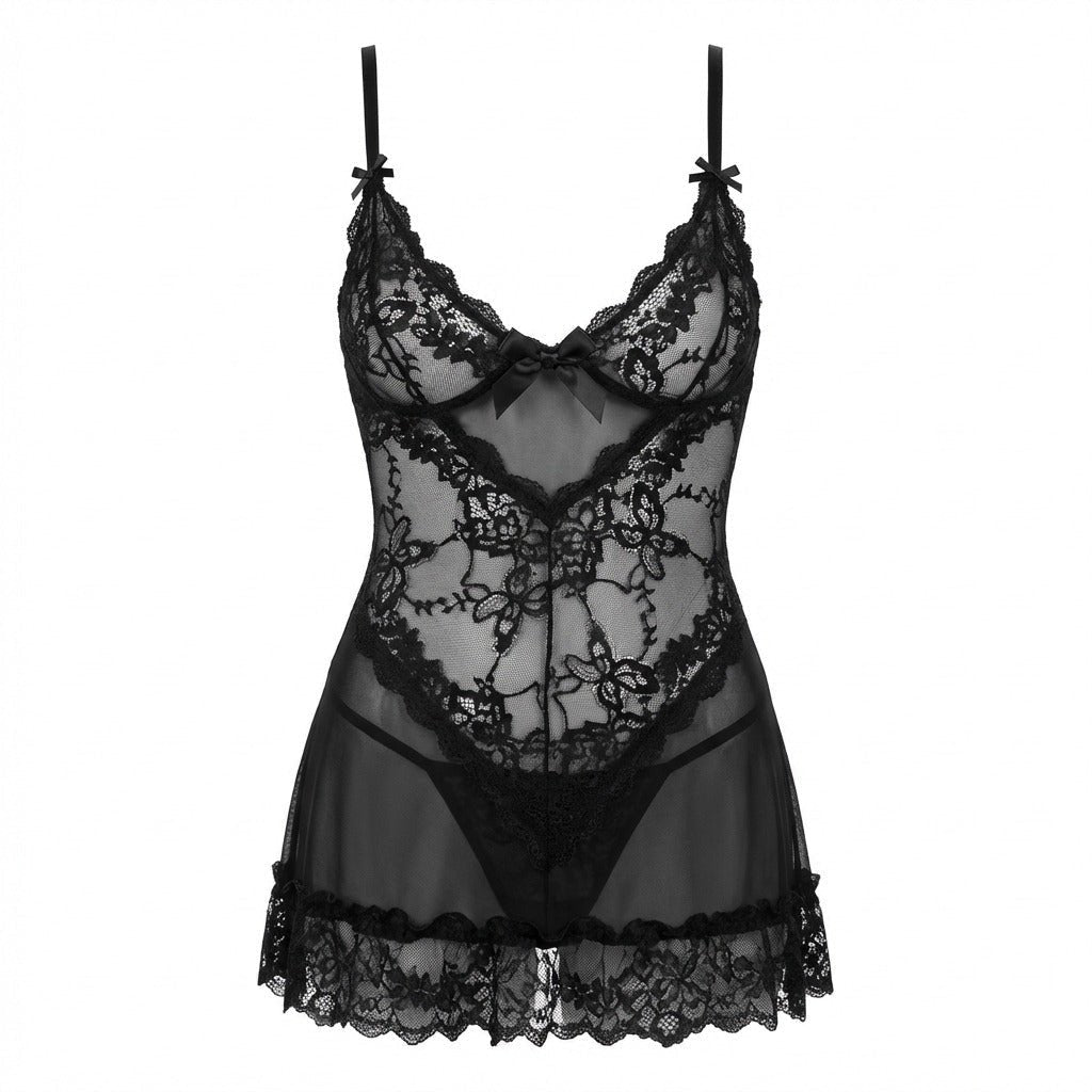 Damen transparentes Spitzen-Negligé mit Mesh-Einsätzen und G-String - Black