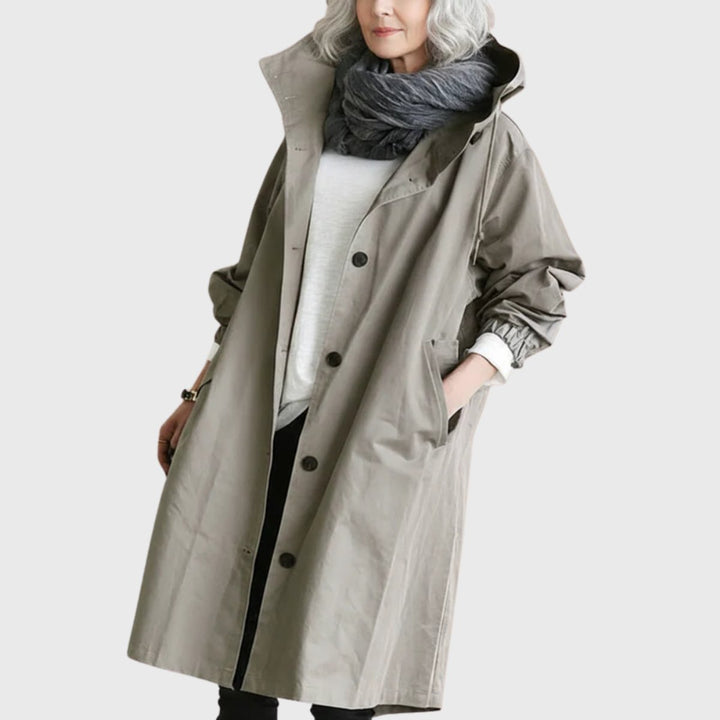 Damen Trench Coat mit Kapuze wasserdicht Relaxed-Fit lang - Grau