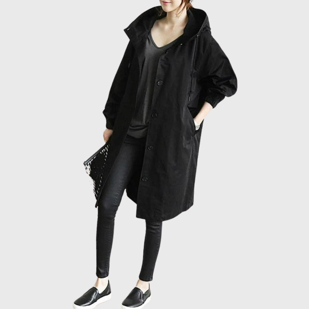 Damen Trench Coat mit Kapuze wasserdicht Relaxed-Fit lang - Schwarz