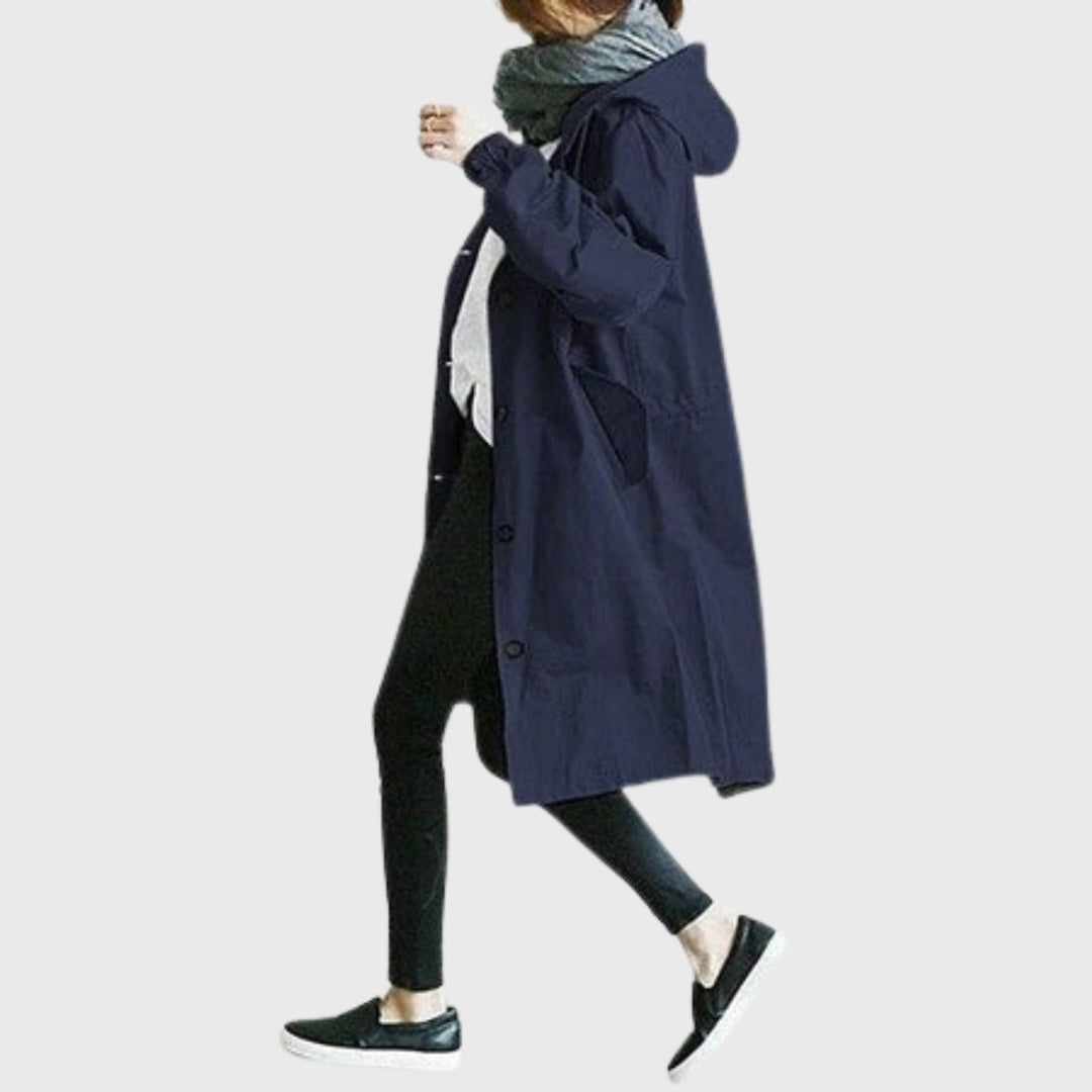 Damen Trench Coat mit Kapuze wasserdicht Relaxed-Fit lang - Blau