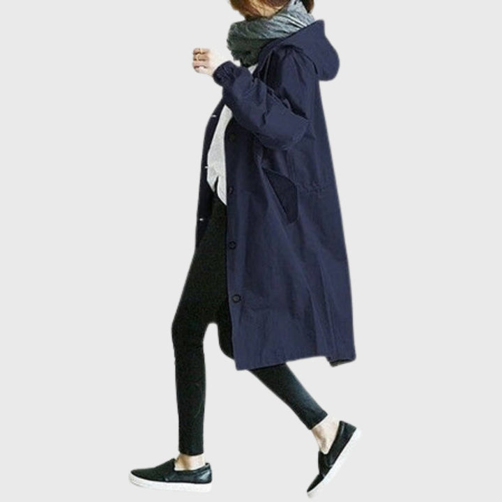 Damen Trench Coat mit Kapuze wasserdicht Relaxed-Fit lang - Blau