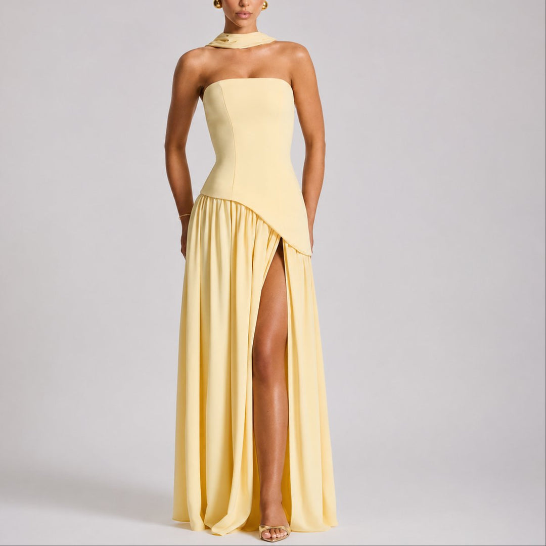 Damen Trägerlos Offener Rücken Maxi Kleid Hochzeitsgast Abendkleid - Gelb
