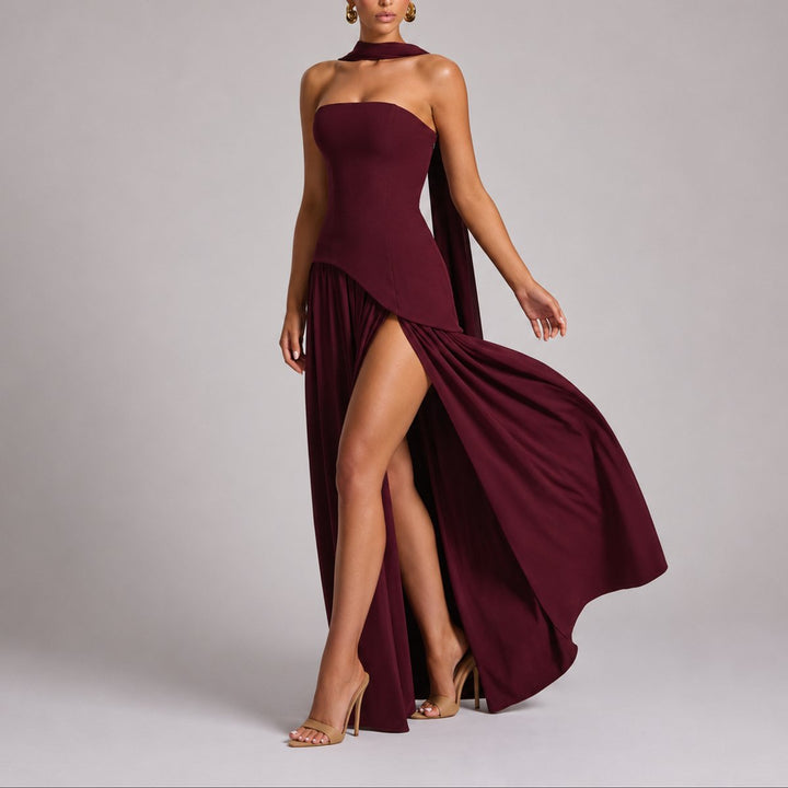 Damen Trägerlos Offener Rücken Maxi Kleid Hochzeitsgast Abendkleid - Rot
