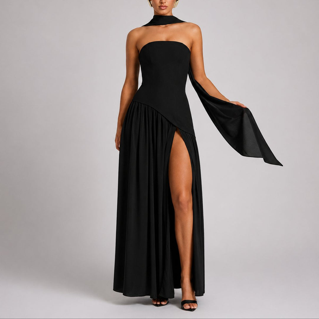 Damen Trägerlos Offener Rücken Maxi Kleid Hochzeitsgast Abendkleid - Schwarz