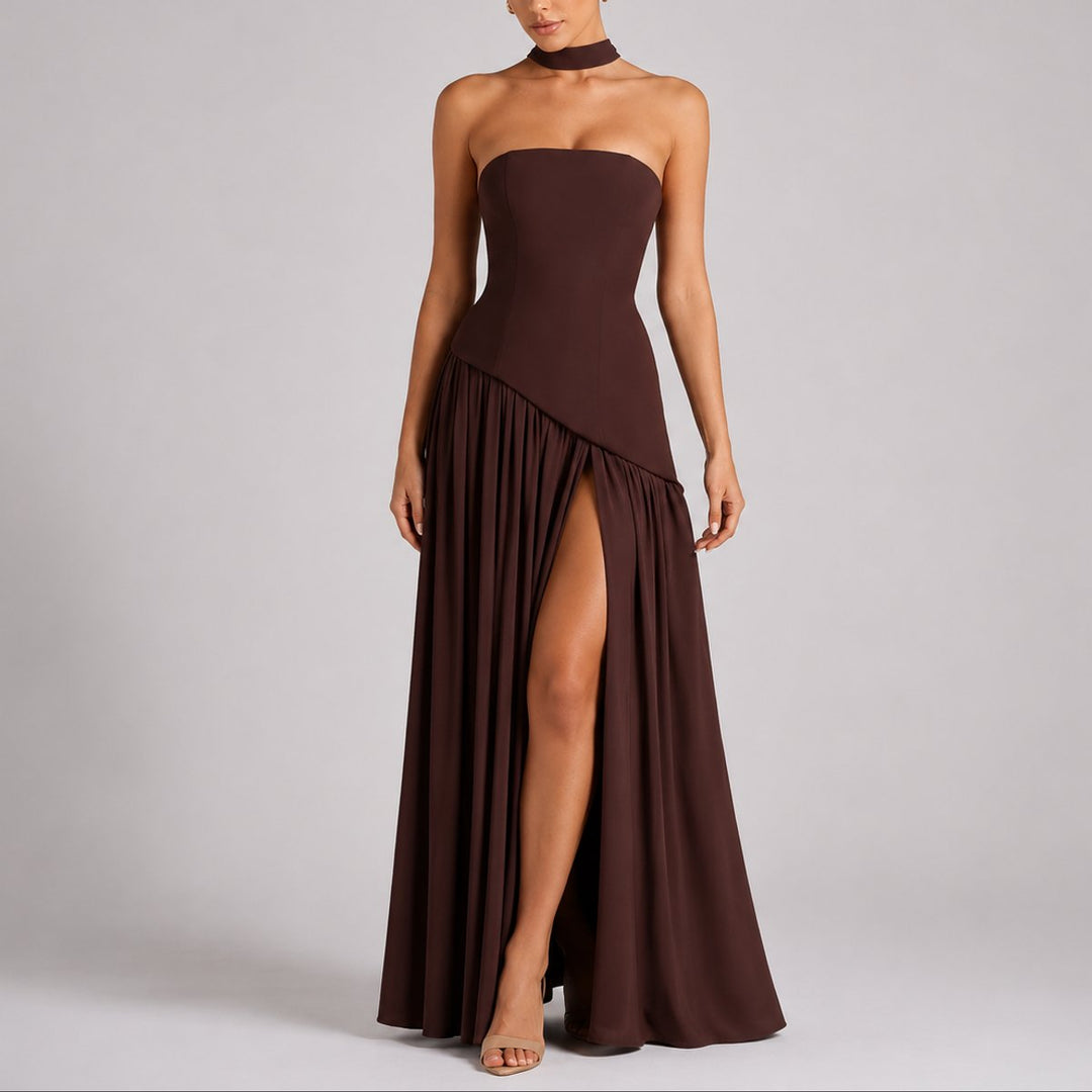 Damen Trägerlos Offener Rücken Maxi Kleid Hochzeitsgast Abendkleid - Braun
