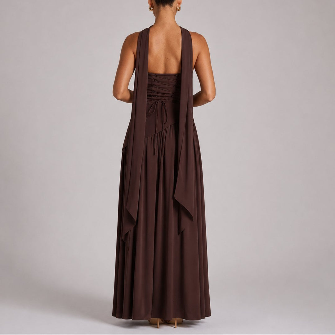 Damen Trägerlos Offener Rücken Maxi Kleid Hochzeitsgast Abendkleid